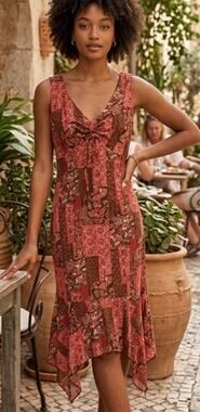Scarlett Y2K assymetrical hem hanky hem patchwork print midi dress